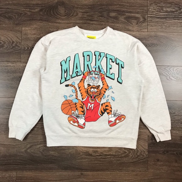 Market Studios Mens Graphic Basketball Sporty Style Gray Crewneck Sweater Size M - Picture 1 of 6